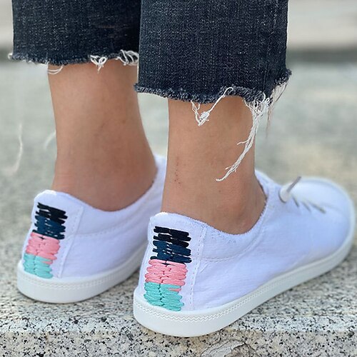 

Women's Sneakers Daily Plus Size White Shoes Lace-up Flat Heel Round Toe Basic Casual Cotton Elastic Band Solid Colored White