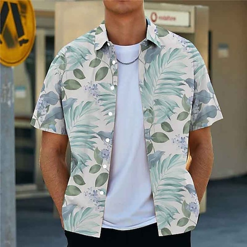 

Men's Shirt Graphic Shirt Leaves Turndown Beige 3D Print Outdoor Street Short Sleeves Button-Down Print Clothing Apparel Designer Casual Breathable / Summer / Spring / Summer