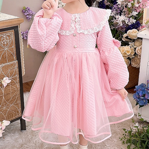 

Barn Jente Kjole عادي Tyllkjole Knelang Kjole Ytelse Netting Langermet Prinsesse Kjole 3-12 år Høst Rosa Beige