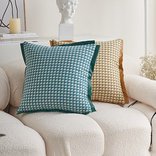 

Throw Pillow Cover Plaid Cotton Linen PU Side Square Modern Decorative Cushion Covers for Couch Sofa Chair