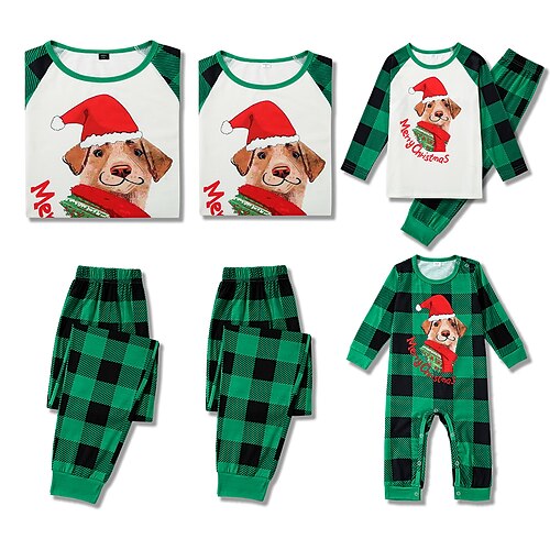 

Christmas Pajamas Family Set Ugly Plaid Dog Home Green Long Sleeve Mom Dad and Me Daily Matching Outfits