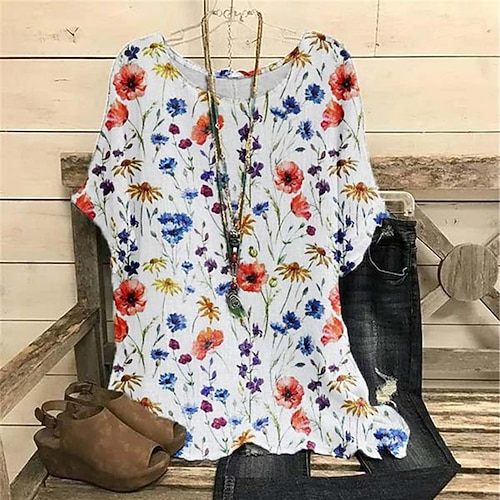 

Women's Plus Size Tops Blouse Shirt Floral Print Half Sleeve Crewneck Streetwear Daily Sports Cotton Spandex Jersey Spring Summer White