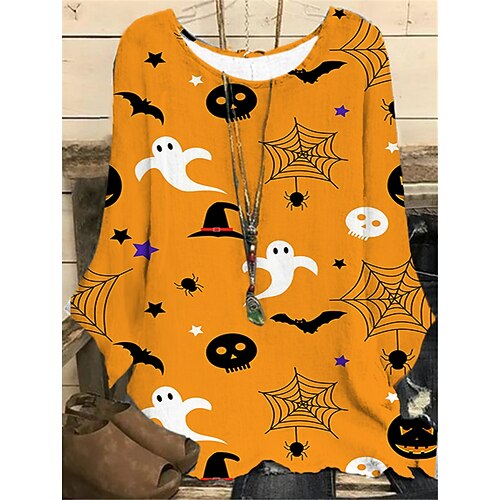 

Women's Plus Size Tops Blouse Shirt Pumpkin Bat Print Long Sleeve Crewneck Casual Halloween Halloween Daily Polyester Fall Winter Purple Yellow