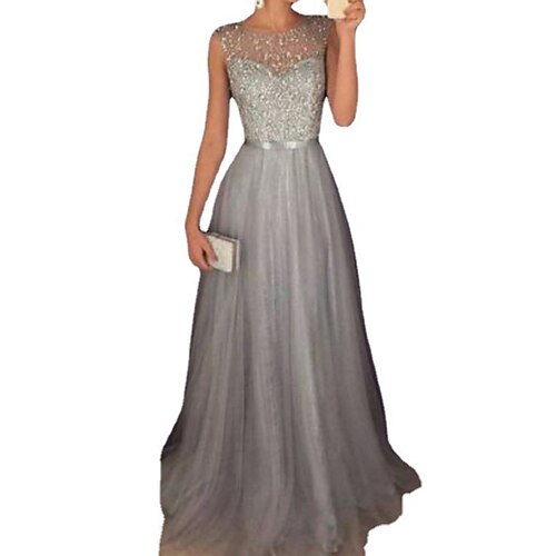 

Women's Party Dress Sequin Dress Maxi long Dress Gray Sleeveless Pure Color Sequins Mesh Fall Winter Crew Neck Elegant Mature 2022 S M L XL