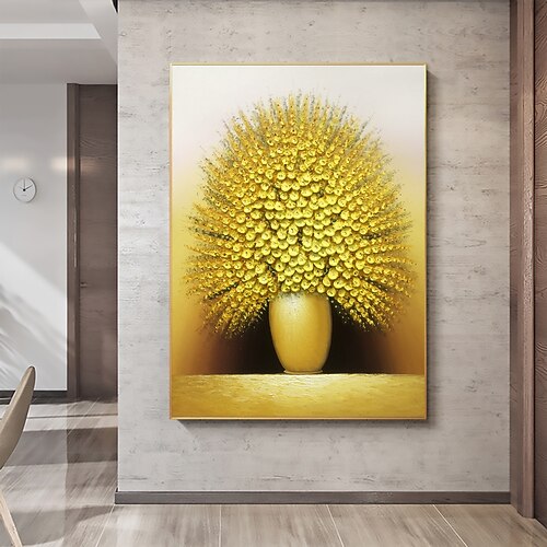 

Handmade Oil Painting Canvas Wall Art Decor Original Golden Flowers Painting Abstract Plant Floral Painting for Home Decor With Stretched Frame/Without Inner Frame Painting
