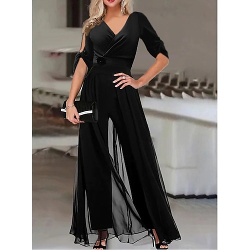 

Women's Jumpsuit Solid Color V Neck Formal Business Straight Regular Fit Half Sleeve Black S M L Winter