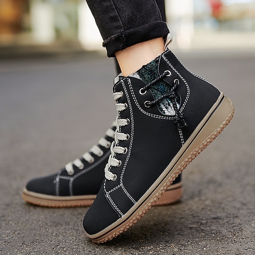 

Mulheres Botas Ao ar livre Diário Botas Botas Tornozelo Inverno Cadarço Sem Salto Vintage Casual Pele PU zíper Cor Sólida Preto Azul Marron