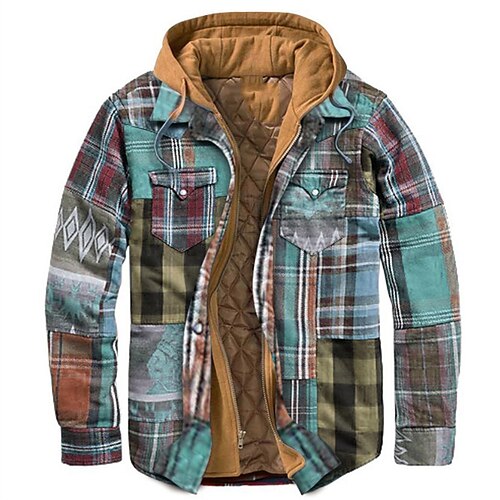 

Men's Puffer Jacket Winter Jacket Quilted Jacket Shirt Jacket Winter Coat Warm Casual Plaid / Check Outerwear Clothing Apparel Black Blue Light Green