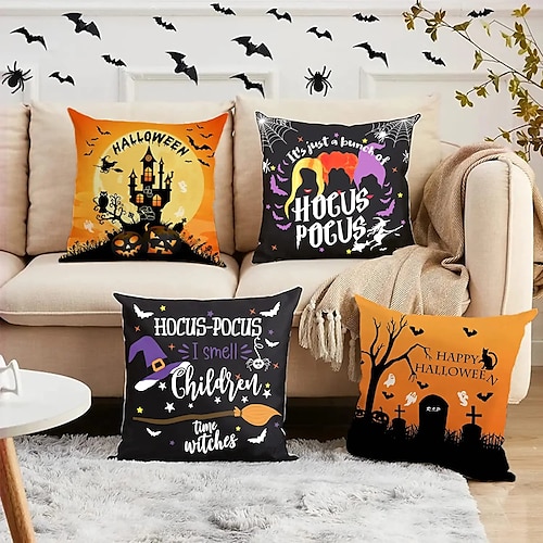 

Halloween Double Side Cushion Cover 4PC Soft Decorative Square Throw Pillow Cover Cushion Case Pillowcase for Bedroom Livingroom Superior Quality Machine Washable Indoor Cushion for Sofa Couch Bed Chair Pumpkin Cat Bat