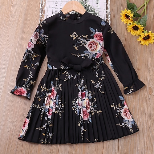 

Kids Girls' Dress Flower Denim Dress Knee-length Dress Vacation Bow Cotton Long Sleeve Princess Dress 2-8 Years Fall Black