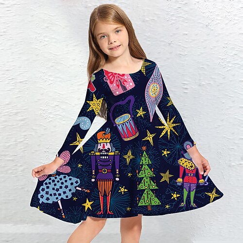 

Kids Girls' Dress Cartoon Swing Dress Above Knee Dress Daily Print Long Sleeve Vacation Dress 3-10 Years Winter Blue Royal Blue Navy Blue