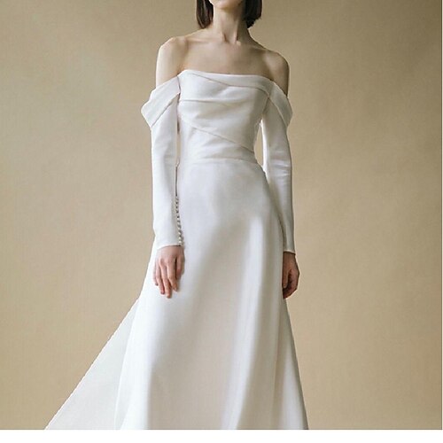 

A-Line Wedding Dresses Off Shoulder Court Train Satin Long Sleeve Simple Sexy with Bow(s) 2022