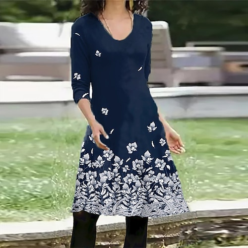

Women's Casual Dress T Shirt Dress Tee Dress Short Mini Dress Navy Blue Long Sleeve Floral Pocket Print Fall Winter V Neck Vacation Casual 2022 S M L XL XXL 3XL