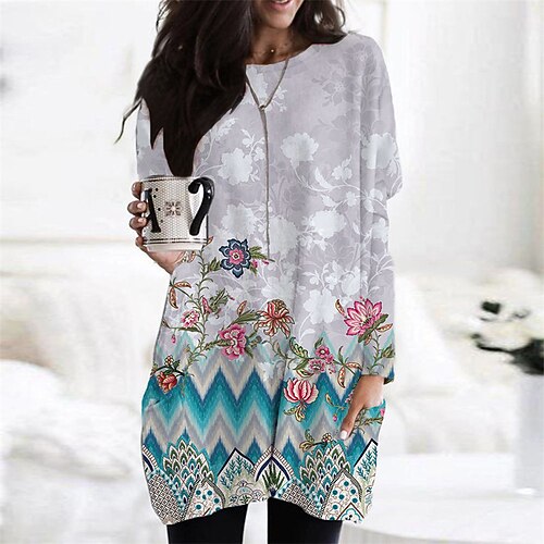 

Women's Casual Dress Print Dress Short Mini Dress Light Pink Long Sleeve Floral Pocket Print Fall Winter Round Neck Casual 2022 XS S M L XL XXL 3XL 4XL 5XL 6XL