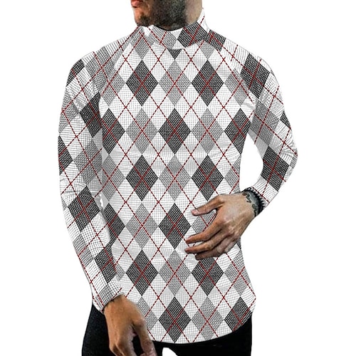 

Men's Unisex T shirt Tee Plaid Graphic Prints Turtleneck Gray 3D Print Outdoor Street Long Sleeve Print Clothing Apparel Basic Sports Designer Casual