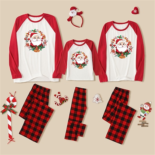 

Christmas Pajamas Family Set Ugly Leaf Plaid Santa Claus Daily Patchwork Red Long Sleeve Mom Dad and Me Daily Matching Outfits Spring Fall Casual Print