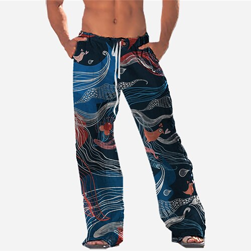 

Men's Trousers Beach Pants Pocket Drawstring Elastic Waist Animal Graphic Prints Comfort Breathable Casual Daily Holiday Streetwear Designer Blue Coffee