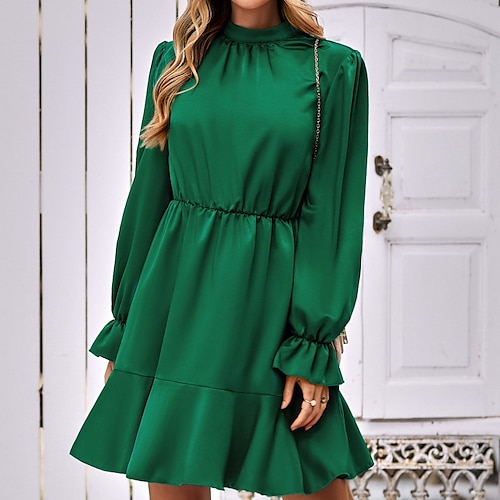 

Women's Casual Dress Black Dark Green Orange Long Sleeve Pure Color Ruffle Winter Fall Autumn Stand Collar Fashion Winter Dress Fall Dress 2022 S M L XL