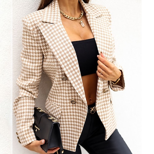 

Women's Blazer Warm Comfortable Outdoor Office Work Button Pocket Double Breasted Turndown Fashion OL Style Plaid Regular Fit Outerwear Long Sleeve Winter Fall Green Khaki S M L XL XXL