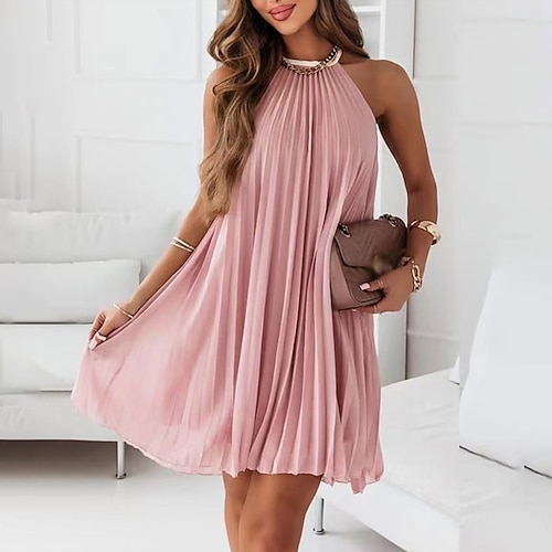 

Women's Shift Dress Chiffon Dress Short Mini Dress Blue Pink Sleeveless Pure Color Pleated Summer Fall Halter Neck Fashion Modern 2022 S M L XL
