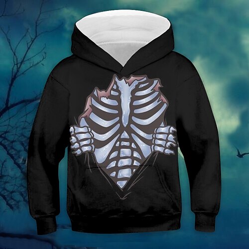 

Kids Boys Halloween Hoodie Skull Outdoor 3D Print Long Sleeve Pocket Active 3-13 Years Winter Black