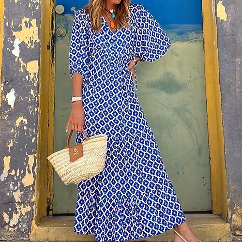 

Women's A Line Dress Swing Dress Maxi long Dress Blue 3/4 Length Sleeve Print Print Fall Winter V Neck Casual Vacation 2022 S M L XL