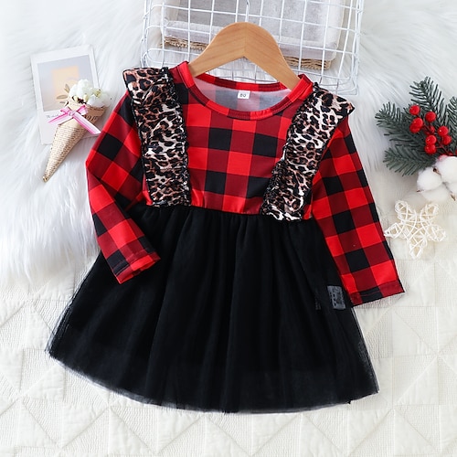 

Kids Girls' Christmas Dress Leopard A Line Dress Above Knee Dress Christmas Cotton Long Sleeve Princess Dress 1-5 Years Winter Red