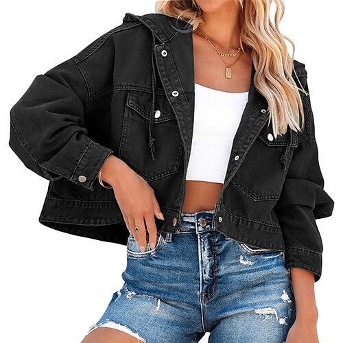 

Women's Denim Jacket Windproof Warm Outdoor Street Daily Vacation Pocket Single Breasted Hoodie Street Style Preppy Style Solid Color Regular Fit Outerwear Long Sleeve Winter Fall Black Blue Gray S M