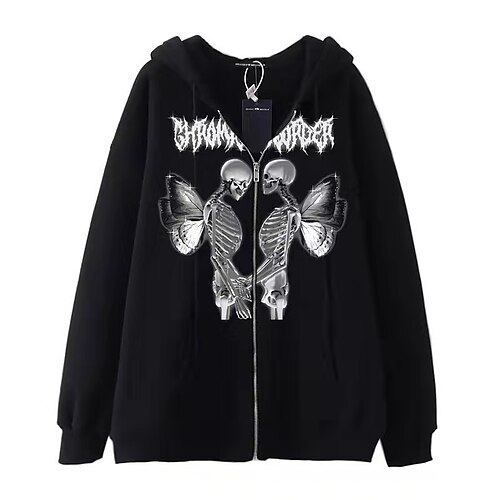 

Women's Hoodie Jacket Warm Breathable Outdoor Daily Wear Vacation Going out Pocket Print Zipper Hoodie Vintage Sports Street Style Halloween Skull Regular Fit Outerwear Long Sleeve Winter Fall Black