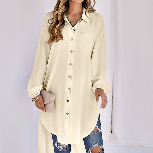 

Women's Shirt Dress Shift Dress Blue Red Beige Long Sleeve Pure Color Pocket Winter Fall Autumn Shirt Collar Fashion Winter Dress Fall Dress Loose Fit 2023 S M L XL