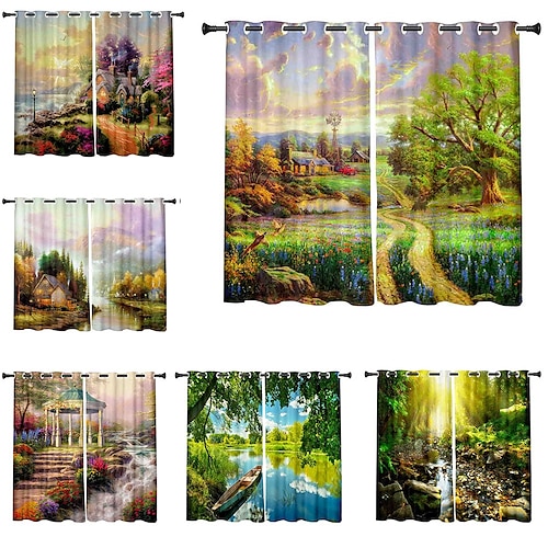 

3D Print Blackout Curtain Feather Print Curtain Drapes for Living Room Thermal Insulated Grommet Window Curtains for Bedroom 1 set / PVC Bag Natural scenery Woods Trees Towers