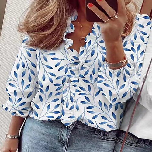 

Women's Blouse Shirt Blue Leaves Ruffle Button Long Sleeve Casual Weekend Streetwear Standing Collar Regular Floral S / 3D Print / Print