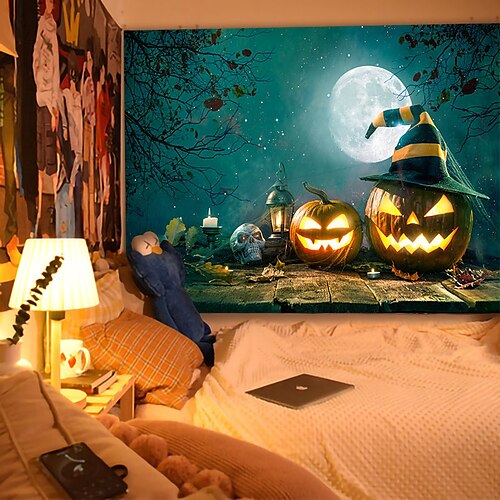 

Halloween Party Wall Tapestry Art Decor Blanket Curtain Hanging Home Bedroom Living Room Decoration Polyester Ghost Pumpkin Graveyard Bat Witch