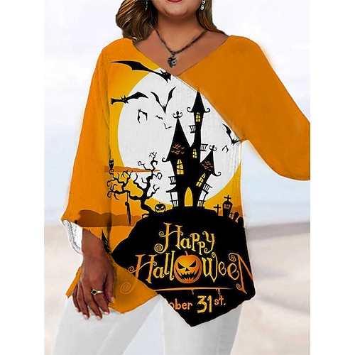 

Women's Plus Size Tops Blouse Shirt Letter Pumpkin Print Long Sleeve V Neck Vintage Casual Festival Halloween Halloween Daily Polyester Fall Winter Yellow Orange / 3D Print