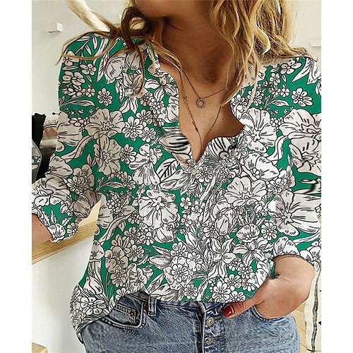 

Mujer Talla extra Tops Blusa Camisa Graphic Floral Estampado Manga Larga Cuello Camisero Casual Diario Vacaciones Poliéster Otoño Invierno Verde Trébol Blanco / Talla Grande / Talla Grande