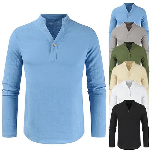 

Men's Linen Shirt Henley Shirt Solid Color Henley Blue Army Green Khaki Light gray White Street Daily Long Sleeve Button-Down Clothing Apparel Casual Comfortable