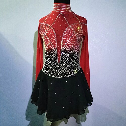 

Figure Skating Dress Women's Girls' Ice Skating Dress Black Red Thumbhole Spandex High Elasticity Training Competition Skating Wear Handmade Crystal / Rhinestone Long Sleeve Ice Skating Figure Skating