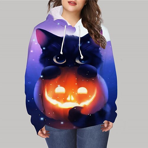 

Women's Plus Size Tops Hoodie Sweatshirt Animal Cat Print Long Sleeve Hooded Vintage Casual Festival Halloween Halloween Daily Polyester Fall Winter Blue