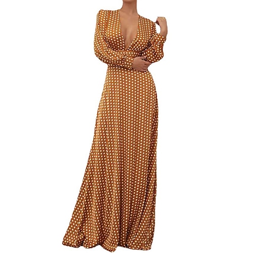 

Mujer Vestido de Columpio Vestido de lunares Amarillo Manga Larga A Lunares Frunce Invierno Otoño Escote en V Profunda Moderno 2022 S M L XL