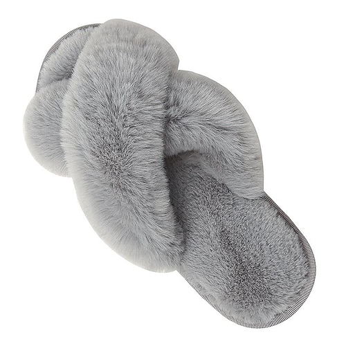 

Women's Cross Band Slippers Soft Plush Furry Cozy Open Toe House Shoes Indoor Outdoor Faux Rabbit Fur Warm Comfy Slip On Breathable