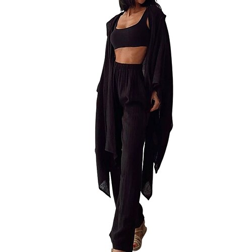 

Women's Loungewear Sets 2 Pieces Pure Color Fashion Comfort Home Street Daily Cotton And Linen Breathable V Wire Long Sleeve Pant Elastic Waist Winter Fall Beige Black