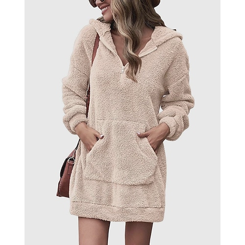 

Women's Pullover Hoodie Dress Casual Sherpa Fleece Teddy Front Pocket Pink Army Green Khaki Plain Long Sleeve Fleece S M L XL XXL 3XL