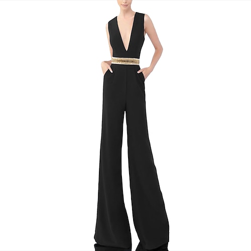 

Women's Jumpsuit Patchwork High Waist Solid Color Deep V Elegant Party Business Wide Leg Regular Fit Sleeveless Sleeveless Navy Blue Black S M L Winter