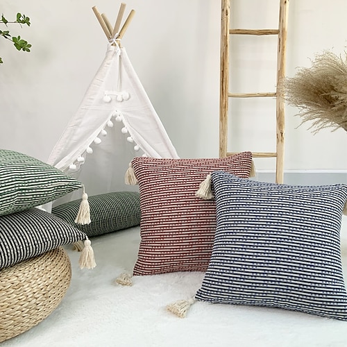 

Throw Pillow Cover Solid Colored Boho Cotton Linen Farmhouse Square Decorative Cushion Covers with Tassels for Couch Sofa Chair