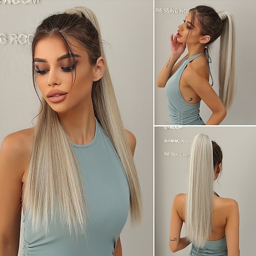 

Extensions de cheveux synthétiques longs brun clair blond enroulé autour du clip en queue de cheval naturel faux cheveux résistant à la chaleur postiche