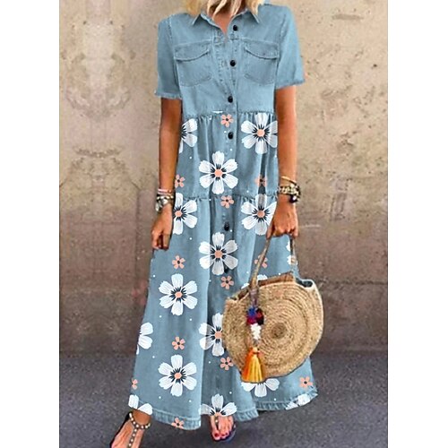 

Mujer vestido largo vestido largo Azul Piscina Manga Corta Floral Botón Primavera Verano Cuello Camisero M L XL XXL 3XL