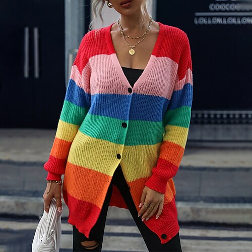 

Women's Cardigan Sweater Jumper Crochet Knit Knitted Button Color Block V Neck Stylish Casual Daily Going out Fall Winter Yellow S M L / Long Sleeve