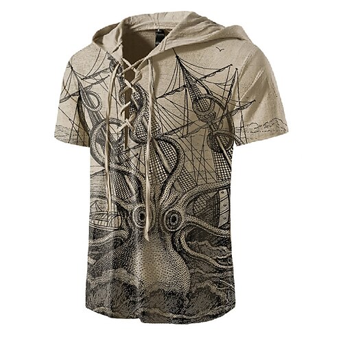 

Men's Unisex T shirt Tee Graphic Prints Hooded Khaki Short Sleeve 3D Print Outdoor Street Lace up Print Tops Basic Sports Designer Casual