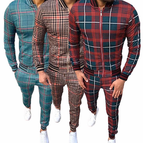 

Men's 2 Piece Zipper Tracksuit Plaid Sweatsuit Muscle Gentlemen Casual Long Sleeve Thermal Warm Track Jacket and Pants Breathable Soft Running Jogging