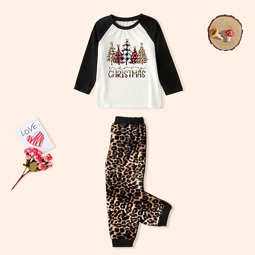 

2 Pieces Kids Unisex Christmas Clothing Set Outfit Leopard Letter Christmas Tree Long Sleeve Set Casual Fall Spring 2-6 Years Multi color